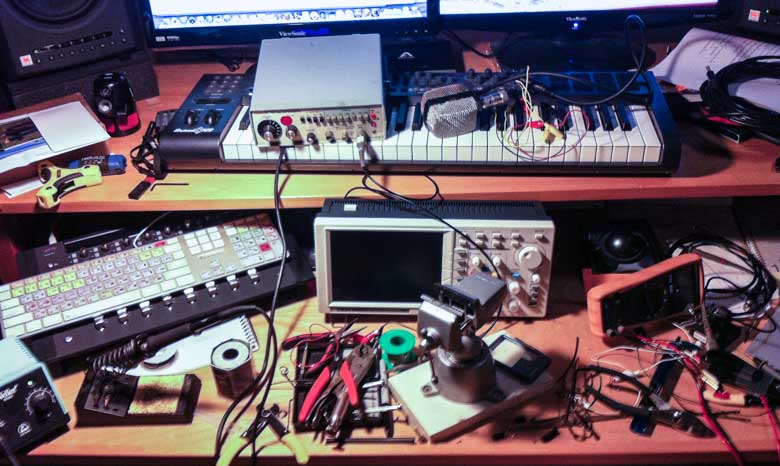 Rusty Recordings workbench for audio equipment.